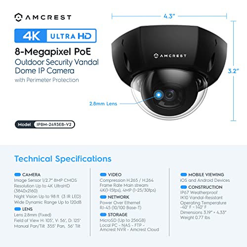 Amcrest Ultrahd 4K (8Mp) Outdoor Security Poe Ip Dome Camera, 98Ft Nightvision, 2.8Mm Lens, Ip67 Weatherproof, Ik10 Vandal Resistant Dome, 256Gb Microsd Recording, Black (Ip8M-2493Eb-V2) #TOP4