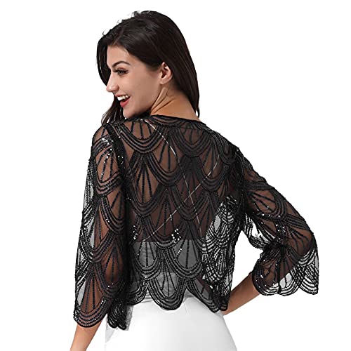 ranrann Femme Boléro Paillette Rétro Vintage 1920s Châle Wraps Brillant Gilet Elégant Mariage Sequin Veste Ouverte Déguisement Costume Soirée Top Blouse Chemise Type G Noir Taille Unique