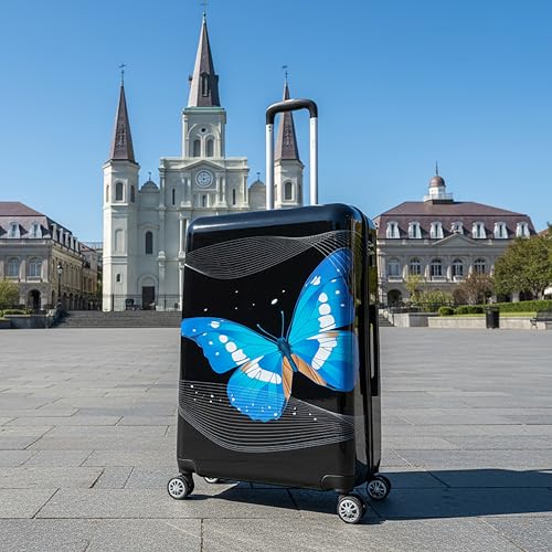 Image of InUSA Black Butterfly Print Luggage with Spinner Wheels | Durable Lightweight Hardside Suitcase | Travel Bag with Handle and Trolley | 28-Inch Large Checked luggage