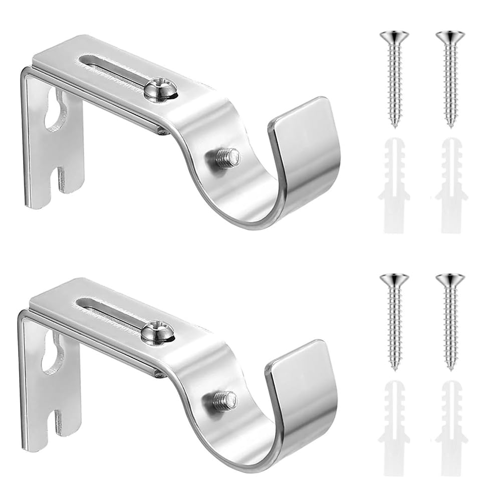 Zhanshuidefaq Silvery 2 Pcs Curtain Pole Brackets Heavy Duty Wall Rod Brackets Adjustable Length 9Cm To 12Cm Curtain Rods Holders With Screws For 25Mm Poles Doors Shower Rods