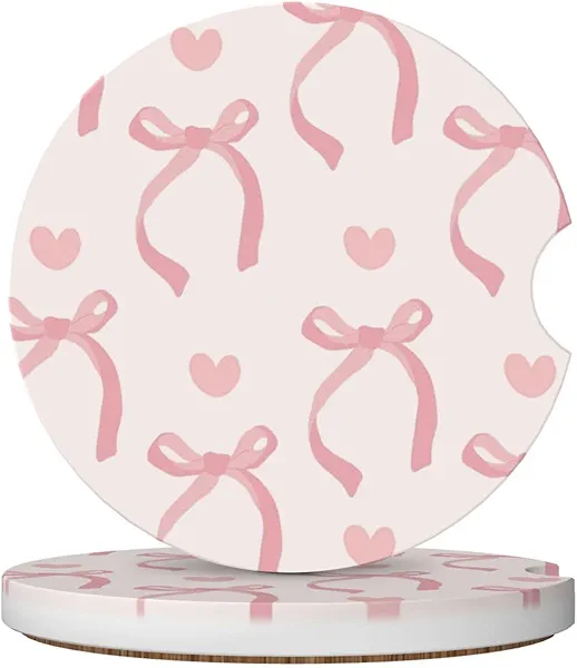 Pink Bow Love Heart Car Cup Holder Coaster 2 Pack Absorbent Ceramic Car Coasters for Cup Holders Car Accessories Interior for Women Men Universal Anti Slip Cork Base Cup Coasters with Finger Notch