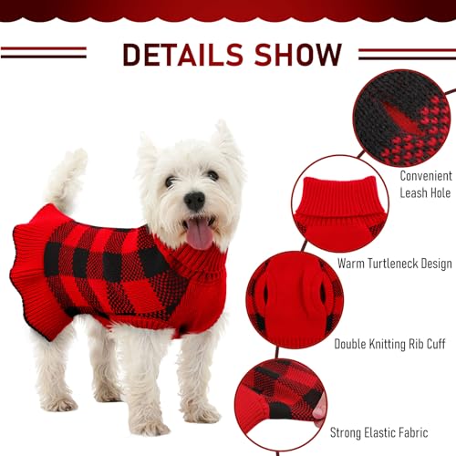 Image of Dog Sweater Dress Plaid Knitwear for Small Medium Dogs Warm Puppy Pet Turtleneck Stretch Pullover Cute Fall Winter Vest Clothes with Leash Hole for Christmas (Red, 2XL)