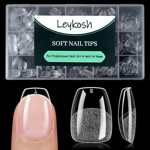 LEYKOSH Extra Short Coffin Nail Tips, 240 Pcs Clear Fake Nails, 15 Sizes
