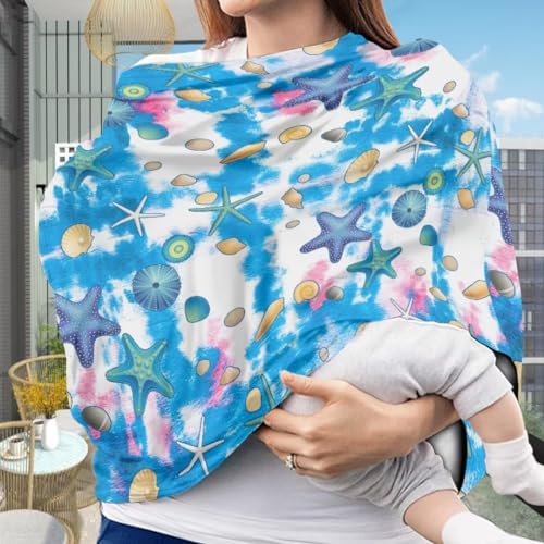 Image of Youngerbaby Starfish Blue Nursing Cover for Newborns Breastfeeding Cover Scarf Baby Car Seat Covers Infant Stroller Cover Carseat Canopy for Girls and Boys Coverage
