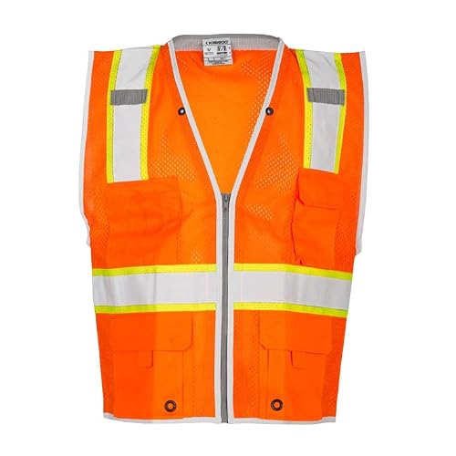 Kishigo Premium Brilliant Series Heavy Duty Unisex Reflective Safety Vest 1511, ANSI Type R / Class 2 Compliant, 6 Pockets Including Radio & Pencil Pocket, Silver Reflective Lining & Trim (Orange, 4X)