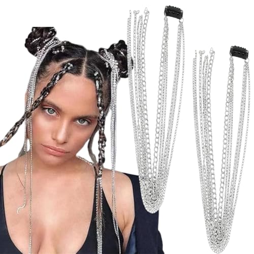 Ouliget Rhinestone Tassel Hair Chain Clip, Pinza para el cabello de metal plateado punk, cadena de cabello de varias hebras para fiestas, pack de 2 piezas miniatura 1