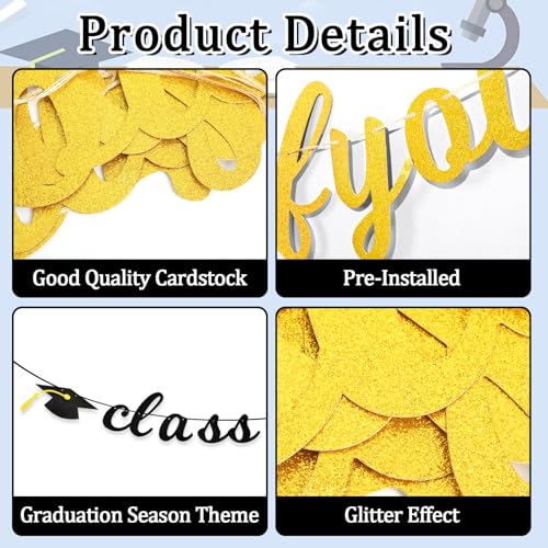 Image of Graduation Banner, Class of 2026 Pre-Strung Black Gold Glitter Banners We Are So Proud of You Graduation Garland for Congratulation Graduations School Home Party Decorations