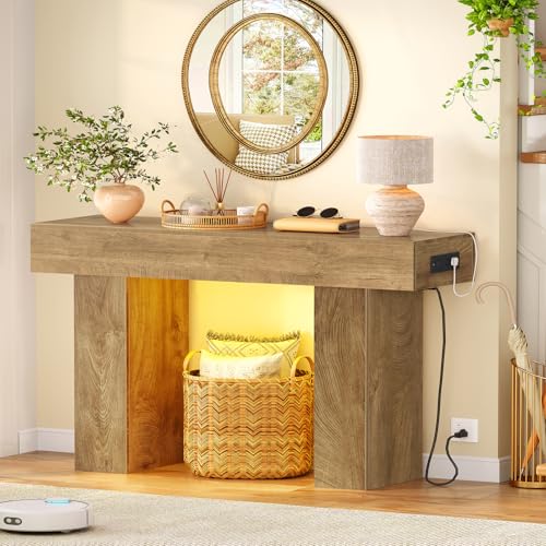 Image of 47.2 inch Entryway Table, Console Table with Charging Station and Adjustable LED light, Farmhouse Wood Sofa Table, Behind the Couch Table, Narrow Console Table, Entry Table for Hallway, Living Room