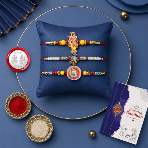 Image of Oblivion Rakhi For Brother - Elegant Stylish God Designer Rakhi with Beads and Silver Colour Pooja Coin, Tilak Set & Greeting Card - Traditional Raksha Bandhan Combo for Bhai
