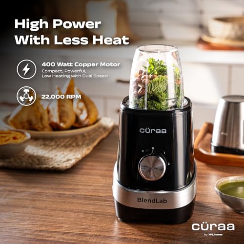 Image of Curaa BlendLab Mixer Grinder for kitchen 4 Jars 100% Copper Motor Stainless Steel Jar for Spice Grinding & Chutneys Compact Smoothie Blender Smoothies Maker 2 Year Warranty, 400w