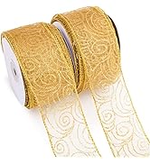 VGOODALL Christmas Gold Ribbons, 2 Rolls x 25Yd Glitter Swirl Ribbon Wired Sheer Ribbons for Chri...