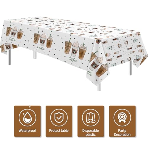 Image of APOWBLS Coffee Party Decorations Tablecloth for Birthday Baby Shower, 3 Pack Disposable Latte Fun Coffee Theme Party Supplies Table Cover, 55in x 86in