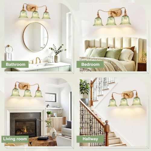 Image of LmnLvn Vintage Gold Bathroom Vanity Light, 3-Light Green Crystal Glass Shade