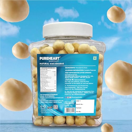 Image of Pureheart Natural Macadamia (1 Kg) Premium Australian Macadamia Nuts, Rich In Antioxidants - Whole, Exotic, And Crunchy Dry Fruits, Ideal Snacks, No Additives - Reusable Jar