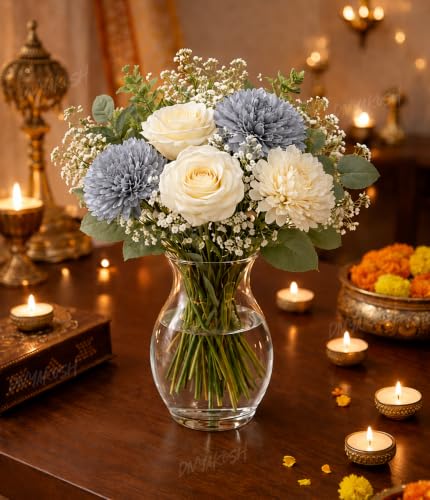 Image of Divyakosh Artificial Flowers for Home Decoration, Flora for Decor | Artificial Flowers for Vase (VASE NOT Included) Home Decor Items, Artificial Grey Dahlia & Rose Flowers Bunch for Vase |