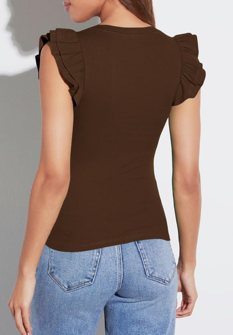 Ezbelle Women's Summer Sleeveless Tops V Neck Ruffle Shirts Knit Ribbed Tank Top Sexy Blouse - Image 4