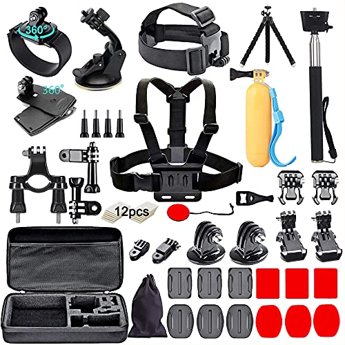 Black Pro Camera Accessories Kit Compatible with GoPro Hero 10 9 8 7, GoPro Max, GoPro Fusion, Insta360, DJI Osmo Action, AKASO, APEMAN, Campark, SJCAM