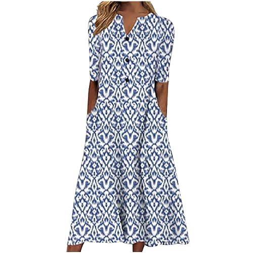 Vestido midi casual para mujer, estilo étnico, vintage, estampado floral, cuello en V, manga corta, vestido largo para mujer, vestido de verano largo acampanado para uso diario, venta de pedido 2025