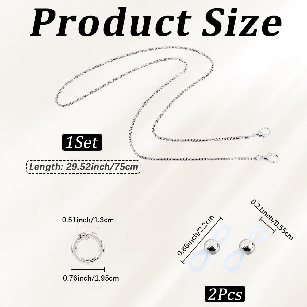 CREATCABIN 1 Box Silver Eyeglass Necklace Metal Glasses Chains Iron Link Lanyard Strap Sunglasses String Holder Chain with Alloy Ring and Rubber Loop Ends for Reading Eyeglasses Women Men 29.5 Inch
