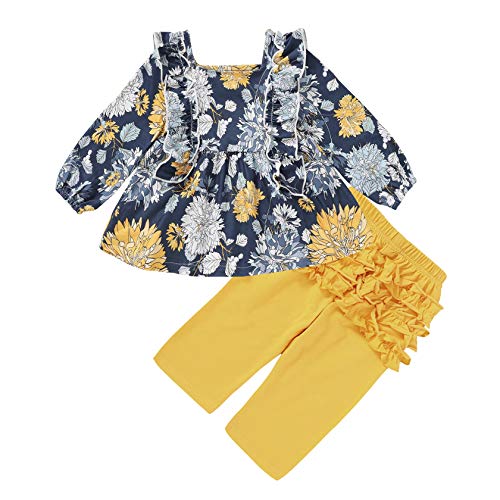 Kids Little Toddler Baby Girls Fall Outfit Ruffled Long Sleeve Floral Dress Shirt Tops + Lace Pants Winter Clothes Set (Navy, 3-4 Years)