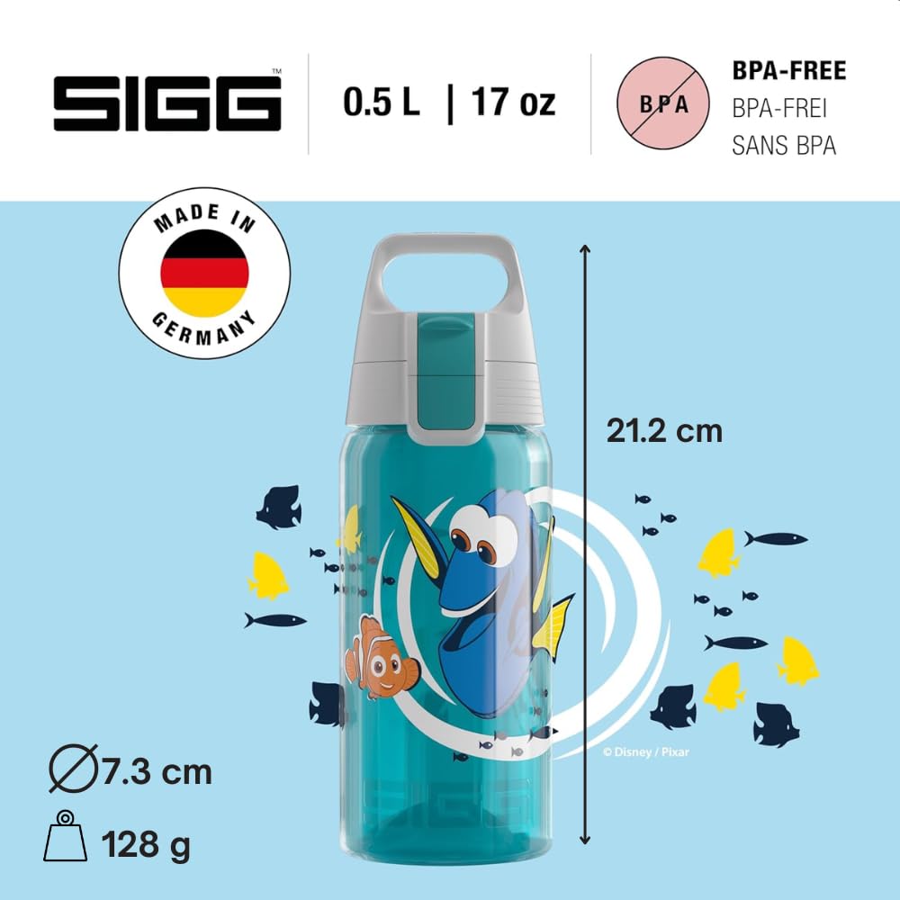 SIGG VIVA ONE Dory Cantimplora infantil (0.5 L), botella transparente sin sustancias nocivas y con tapa hermética, cantimplora para niños para usar con una mano