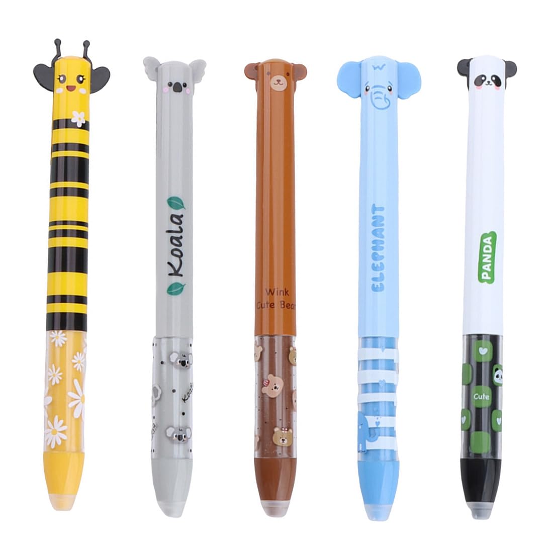 Juego de 5 Bolígrafos de Gel Borrables Con Tinta de Borrado Termosensible, de Tinta y Diseños de Barril, Punta de 0,7 mm, Panda, Abeja, Osito, Koala e Elefante