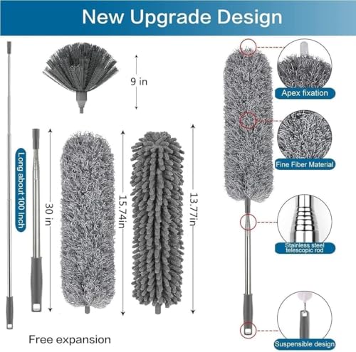 Image of 3-in-1 Microfiber Feather Duster Set with 100 inch Extendable Stainless Steel Pole, 4-Piece Bendable & Washable Cleaning Kit, Anti-Scratch Head for High Ceiling Fans, Cobwebs and Furniture