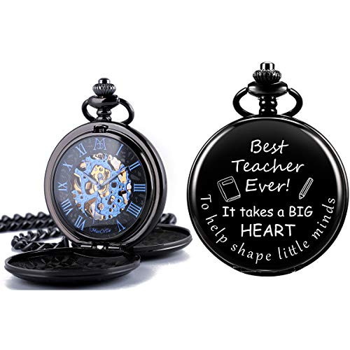 ManChDa Mechanical Double Cover Roman Numerals Dial Skeleton Engraved Pocket Watches with Box and Chain Personalized Custom Engraving