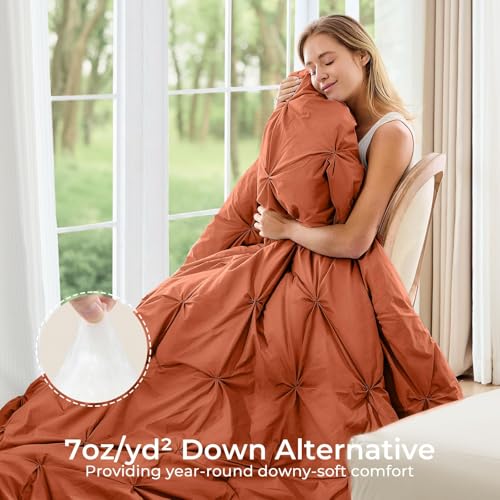 Image of Sasttie Full Size Comforter Set, 7-Piece Bed in a Bag, Pintuck Bedding Set for All Season, Includes Comforter, Flat Sheet, Fitted Sheet, Pillowcases and Pillowshams, Burnt Orange
