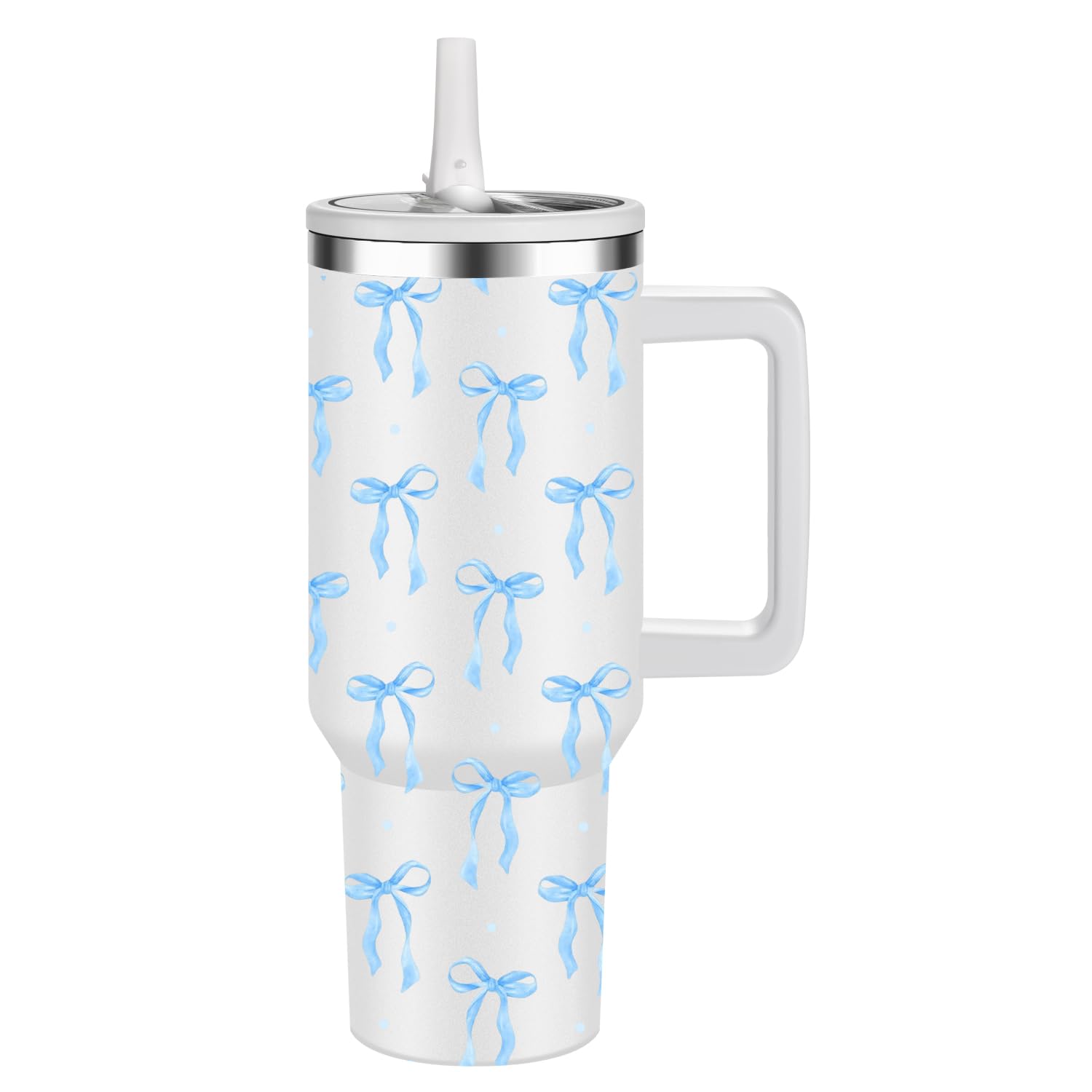 FOLAI Eco-Friendly Insulated Water Bottle,100% Leakproof Stainless Steel Travel Mug Water Tumbler,40 Oz Vacuum Insulated Cup with Handle and Straw Lid,Dishwasher Safe,Gifts for Women(Blue Bow)