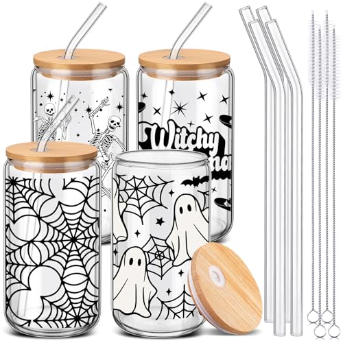 SiliFine 4 Pcs Halloween Glass Cups with Lid and Straw 16 oz Drinking Glass
