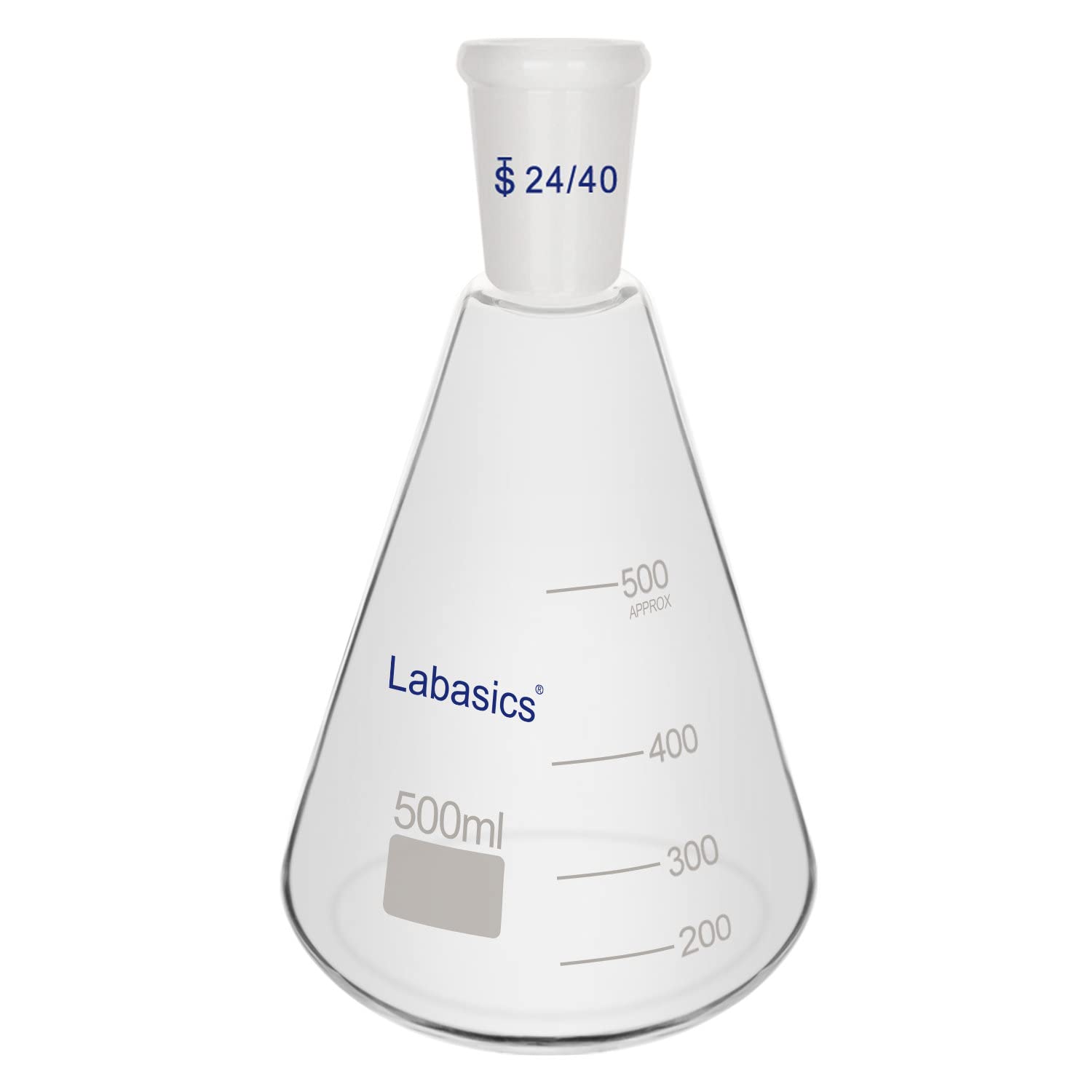 Labasics Flacon Erlenmeyer en Verre 24/40, Flacon à Paroi Épaisse en Verre Borosilicaté avec Joint Extérieur Conique Standard 24/40, 500 ml