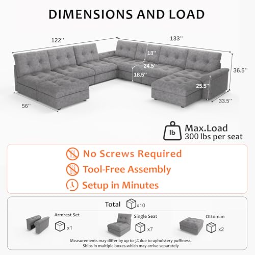 Image of Oversized Modular Sectional Sofa with Storage, Modern Deep Seat Cloud Couch for Living Room, L-Shaped Large Sectional Couch, 7 Seater with 2 Ottomans, Gray