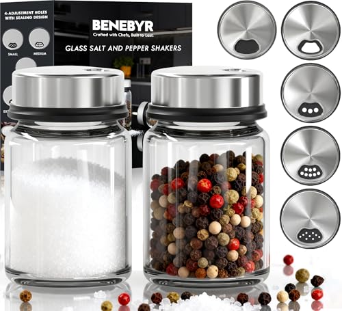 Shatterproof Glass Salt and Pepper Shakers Set Leak & Moisture Proof - 4 Adjustable Holes Precision Control - 5oz Borosilicate Glass Sugar & Spice Jars with Stainless Lid, Wide-Mouth, Dishwasher Safe