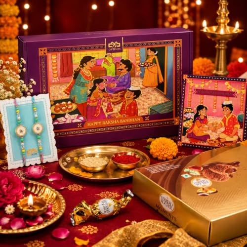 Image of Gifticon Rakhi Set for Brother Bundled with Moments Chocolate Complete Rakshabandhan Gift Box with Chocolate Pack | Greeting Card | Roli | Chawal | Premium Rakhi Gifting Set with 2 Green Color AD Rakhi