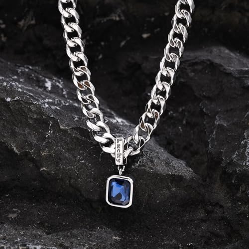 Chaîne à maillons avec collier pierre bleue en acier inoxydable masculin