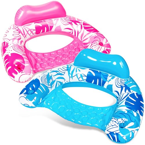 SLOOSH Inflatable Pool Floats Adult,2 Pack Pool Chairs with Cup Holders,Blow up Floats Chair,Hammock Noodle Mat Leaves Design for Relaxing Summer Water Fun Swimming Party Beach,Blue,Pink