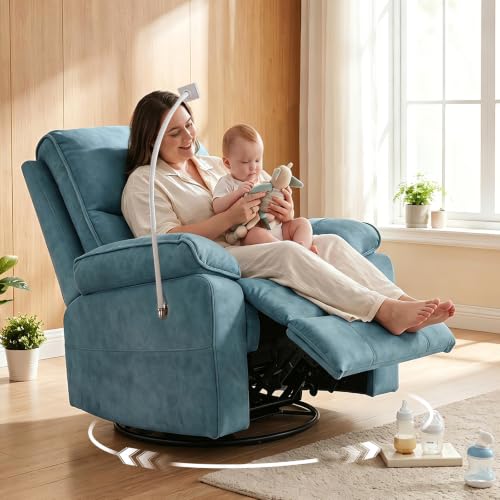 Image of 360 Swivel Glider Rocking Chair Nursery， Oversized Recliner with Phone Holder，Nursing Chairs for Breastfeeding with Wide Foot Rest for Living Room and Baby Room,Blue