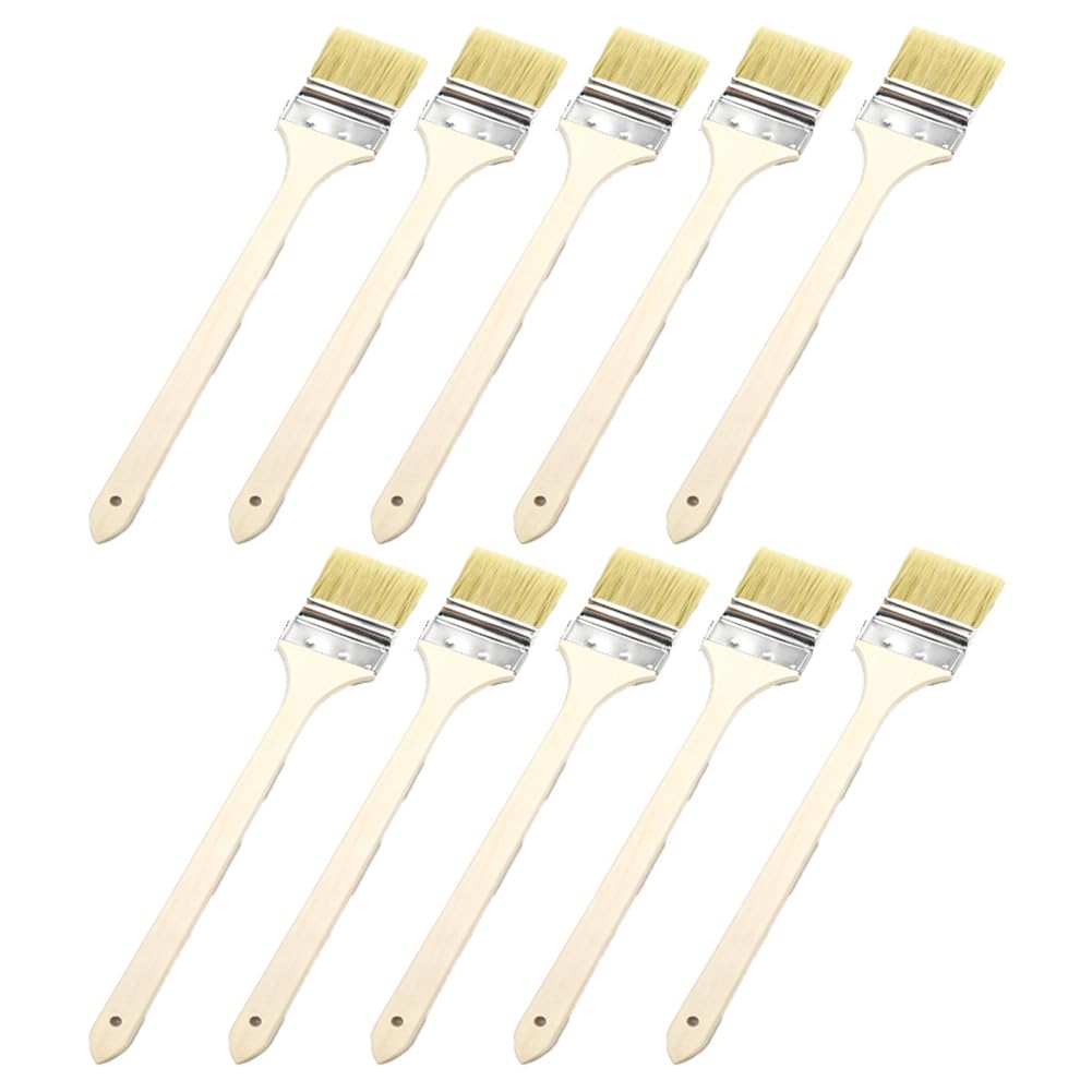 Lot de 10 pinceaux à manche en bois - Brosse à long manche - Pour radiateur, vernis - Pinceau plat - Pinceau à lasure - Pinceau pour façade, coude - Pinceau long pour bois, bricolage, masculin et