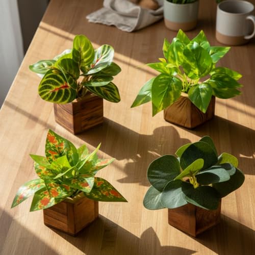 Image of DecoreBugs Artificial Leaves Potted Plants in Wooden Pot (4 Pack) Money Plant | Small Plants for Home Decor | Office Decor