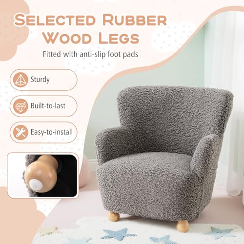 Image of KOTEK Comfy Toddler Chair, Sherpa Kids Armchair with Rubber Wood Legs, Children Reading Chair for Boys & Girls, Upholstered Kids Sofa for Playroom Bedroom Nursery (Grey)