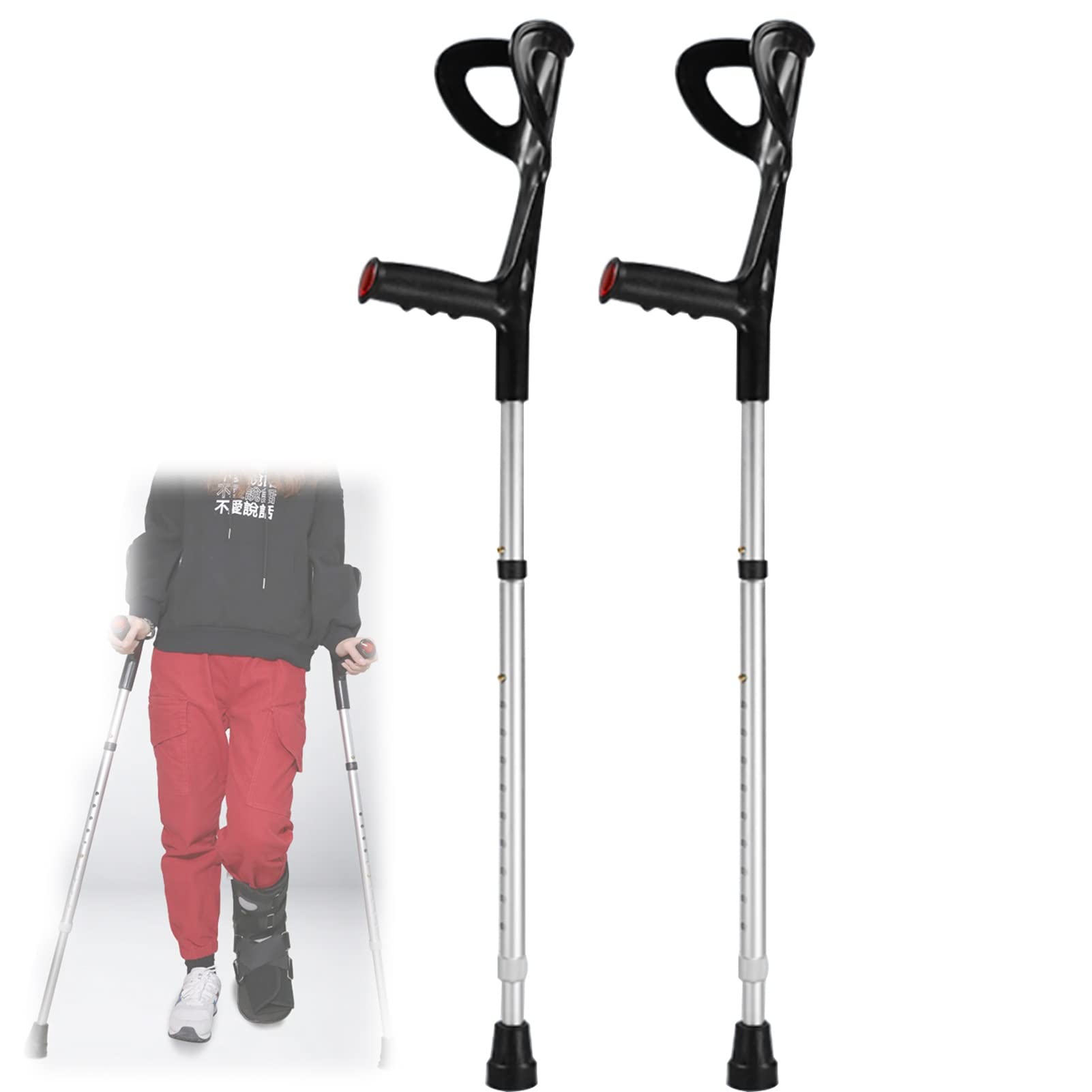 Podpórki pod łokcie dla dorosłych (x 2 jednostki, otwarty mankiet), podnóżki przedramion z aluminium, składane kule, z regulacją wysokości 86,5-100 cm