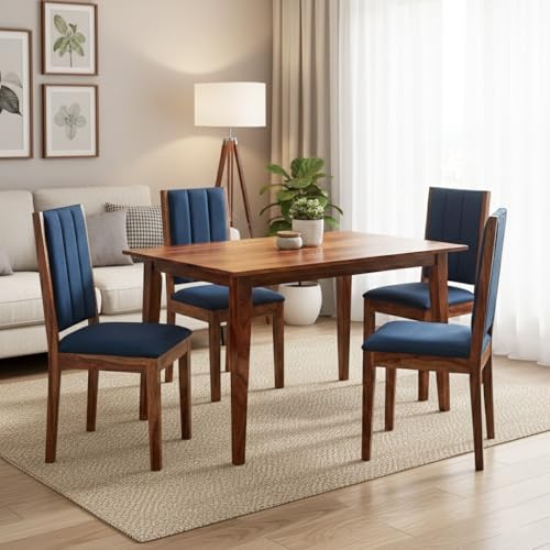 Image of Sheesham Wood Dining Table 4 Seater | Wooden Four Seater Dinning Table with Blue Cushion Chairs | 4 Seater Dining Table | Dining Room Sets | Natural Finish