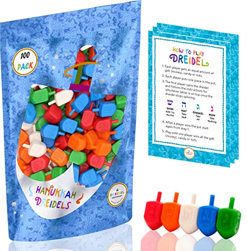 The Dreidel Company Hanukkah Dreidels 100 Bulk Pack Multi-Color Plastic Chanukah Dreidels With English Transliteration - Includes 3 Dreidel Game Instruction Cards
