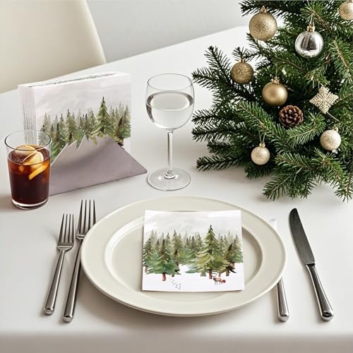 WRAPAHOLIC 50Pcs Christmas Paper Napkins - Winter Watercolor Pine Forest Elk 3-Ply Disposable Luncheon Napkin for Christmas Party Supplies Tableware, Xmas Holiday - 6. 5 x 6.5 In – Image 5