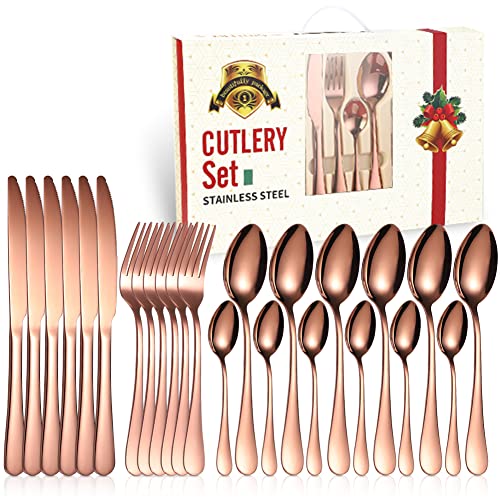 Couverts de Table Set de 24 Couverts de TableEnsemble de 24 couverts en acier inoxydable pour 6, avec couteau/fourchette/cuillère/cuillère à café/vaisselle Boîte Cadeau(or rose) Cover