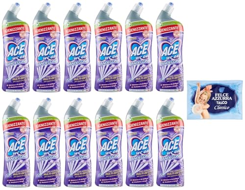 12 unidades de gel de inodoro Ace con Candeggina Lavanda, limpiador de inodoro con lejía, aroma a lavanda, 700 ml + 1 paquete de polvo de talco FELCE AZZURRA 100 g