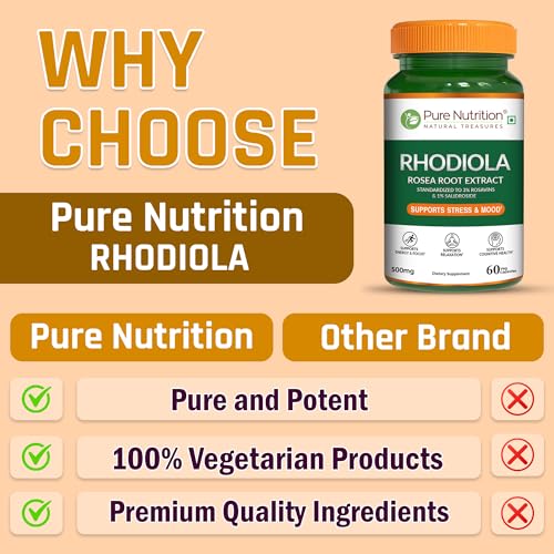 Image of Pure Nutrition Rhodiola Rosea Root Extract (500mg) - 60 Veg Capsules | Standardized to 3% Rosavins & 1% Salidroside | Supports Energy, Focus, Relaxation & Cognitive Health