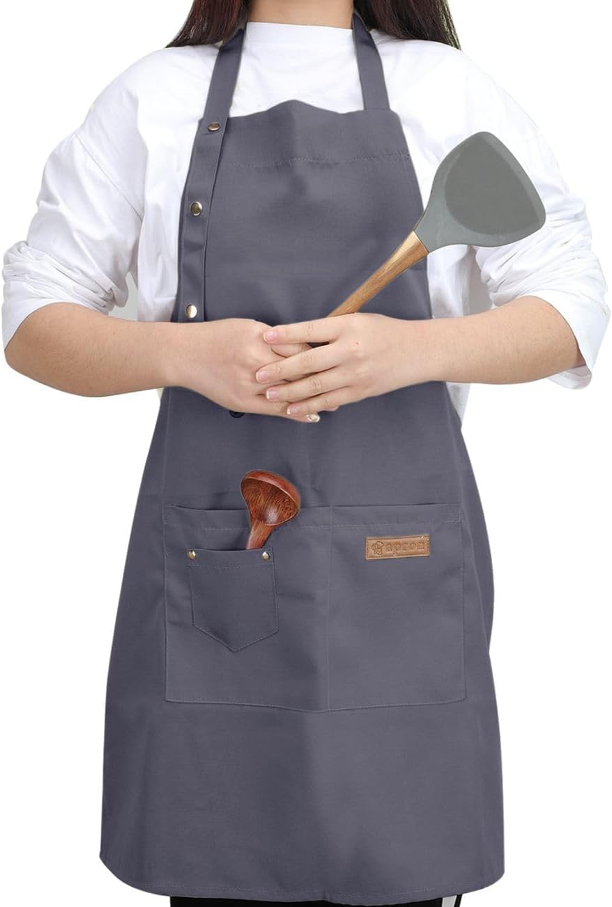 Grey Kitchen Cooking Aprons for Women Men with Pockets Canvas Server Apron