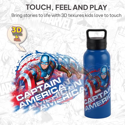 Image of CELLO Kidzbee Aqualoop 3D Captain America Design Stainless Steel Kids Water Bottle For Daily Use 790 ml, Blue | 3D Touch & Feel Print, Single Wall Fridge Safe Leakproof School Kids Water Bottle